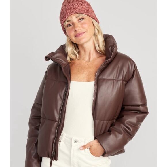 Old Navy Brown Faux Leather Puffer Jacket - Picture 1 of 12
